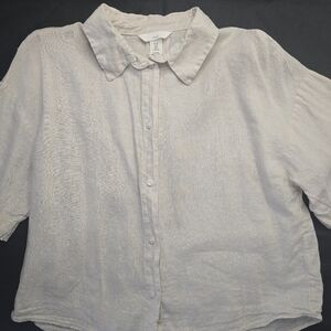 H&M 100% Linen Button Up Shirt Beige Relaxed Minimalist Short Sleeve Top M